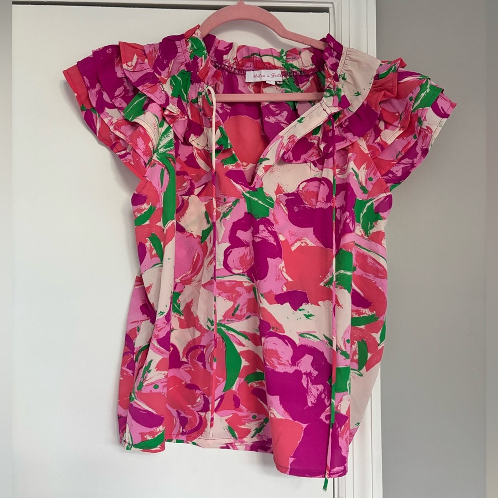 Floral Ruffle Blouse - Pink and Green